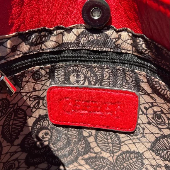 Red Carlos Santana tote /cross body bag, silver metal ring handles - Picture 5 of 8